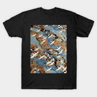 FLYING WHITE CRANES ON BLUE WATERS AND SPRING FLOWERS Gold Teal Blue Japanese Floral T-Shirt